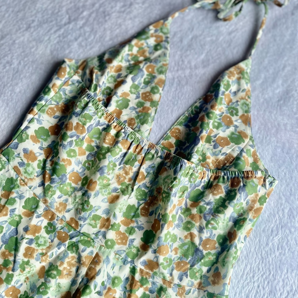 **NWOT** CIDER, (Size S) “Bottomless Mimosas” Green Floral Halter Mini Dress - Picture 2 of 10